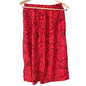 Vintage Private Club Red Rose Print Rayon Skirt A-Line Midi Made in USA romantic